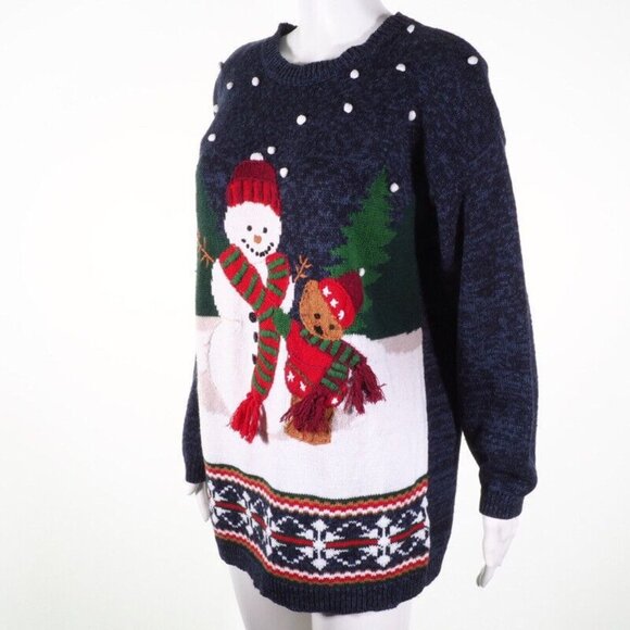 Carly St. Claire Snowman & Reindeer Ugly Christmas Sweater S Ramie/Cotton Blue/W - Picture 2 of 5